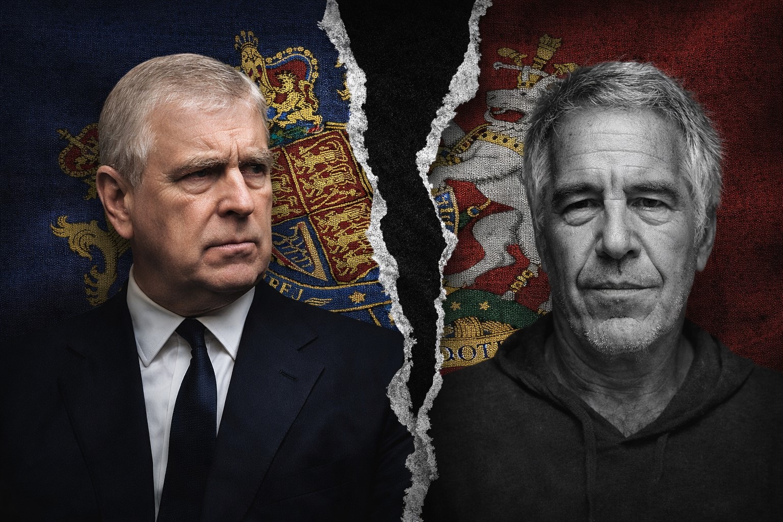 Composição ilustrativa mostra o ex-príncipe Andrew e Jeffrey Epstein diante de símbolo associado à monarquia britânica rasgado ao meio, em imagem gerada por inteligência artificial.