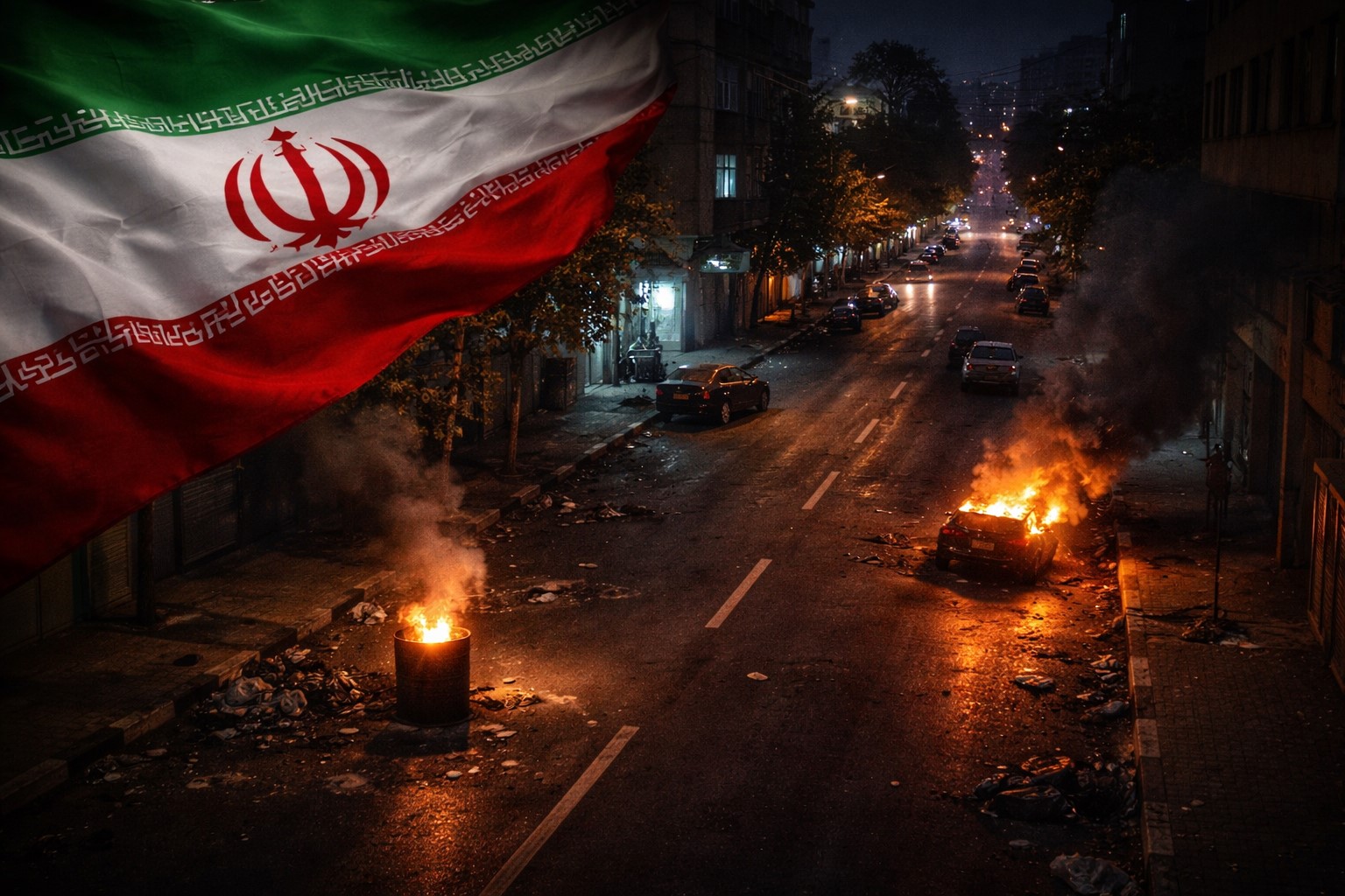 Rua de Teerã à noite com focos de incêndio e bandeira do Irã em composição visual ilustrativa sobre protestos.