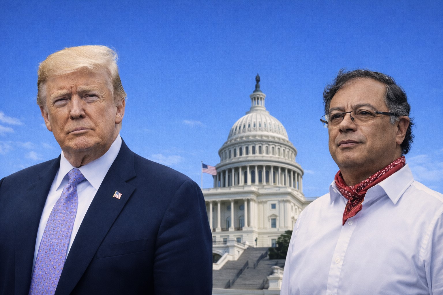 Imagem mostra Donald Trump e Gustavo Petro em frente ao Capitólio dos Estados Unidos, em composição ilustrativa gerada por inteligência artificial.
