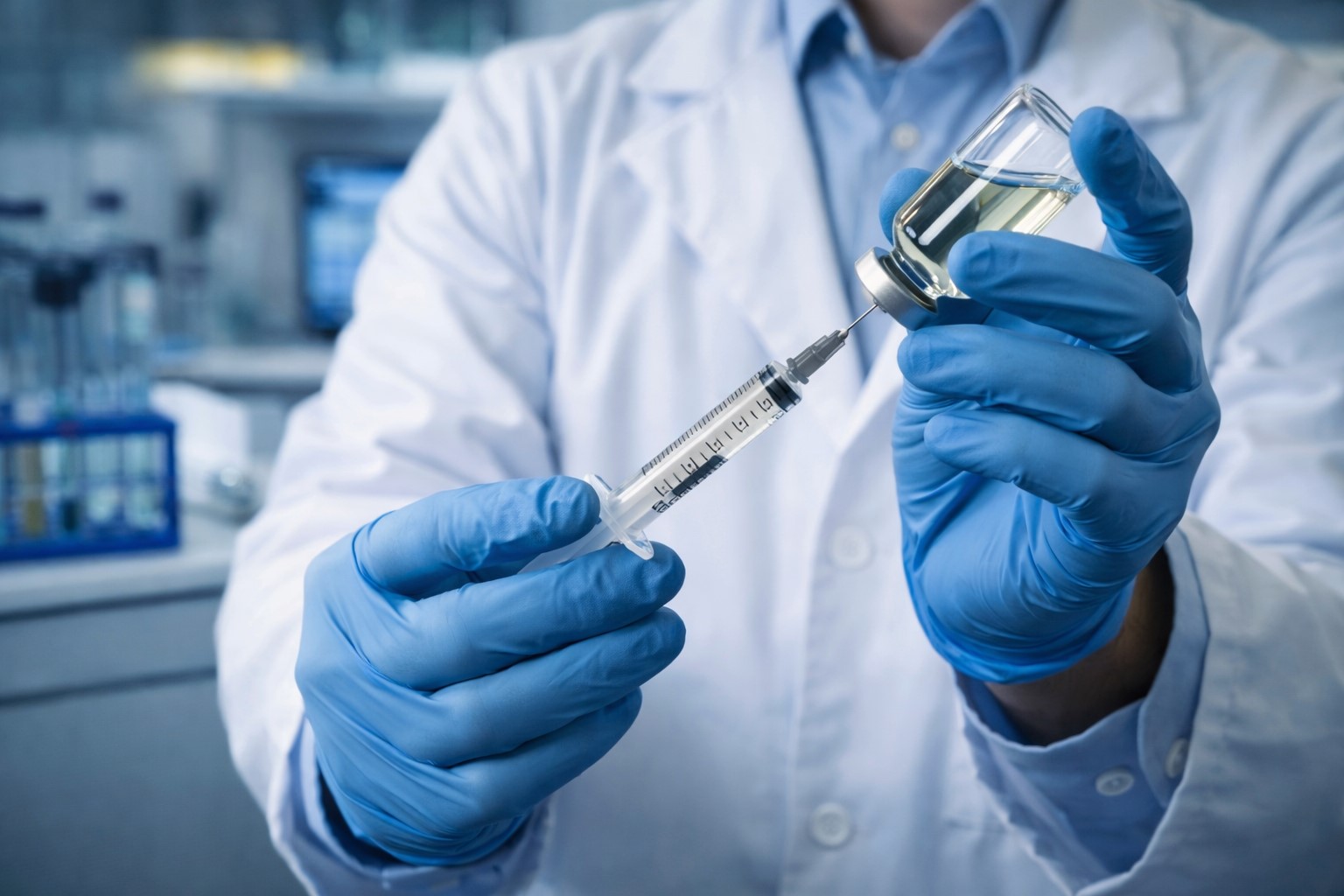 Cientista em laboratório, com jaleco e luvas, manuseia seringa e retira líquido de um frasco de vacina em imagem ilustrativa gerada por IA.