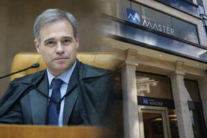 Ministro André Mendonça no STF ao lado da fachada do Banco Master em imagem ilustrativa sobre o caso investigado.