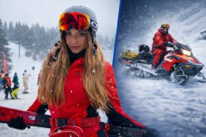 Imagem mostra Vanessa Lopes em registro real otimizado por IA e, à direita, cena ilustrativa de resgate em montanha nevada gerada por inteligência artificial.