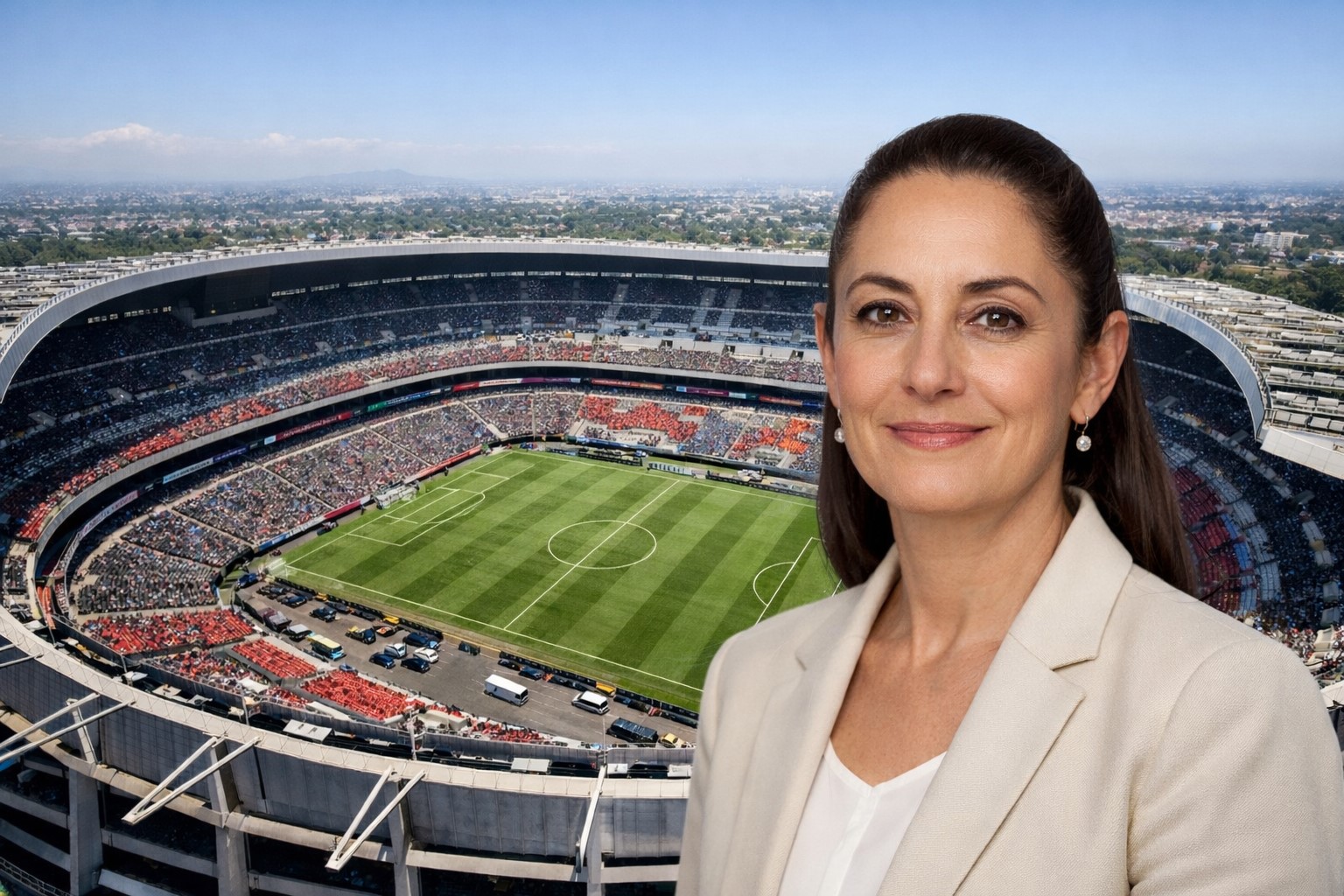 Vista aérea diurna de estádio mexicano inspirado no Estádio Azteca com sobreposição de retrato institucional da presidente do México; imagem ilustrativa gerada por IA.