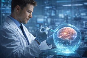 Imagem ilustrativa de cientista em laboratório manuseando modelo de cérebro com células-tronco, representando estudos para tratamento do Parkinson.
