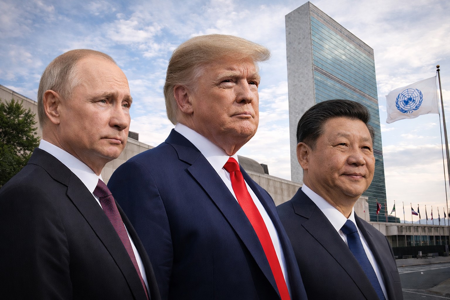 Montagem fotográfica mostra Vladimir Putin, Donald Trump e Xi Jinping em frente à sede das Nações Unidas, em Nova Iorque.