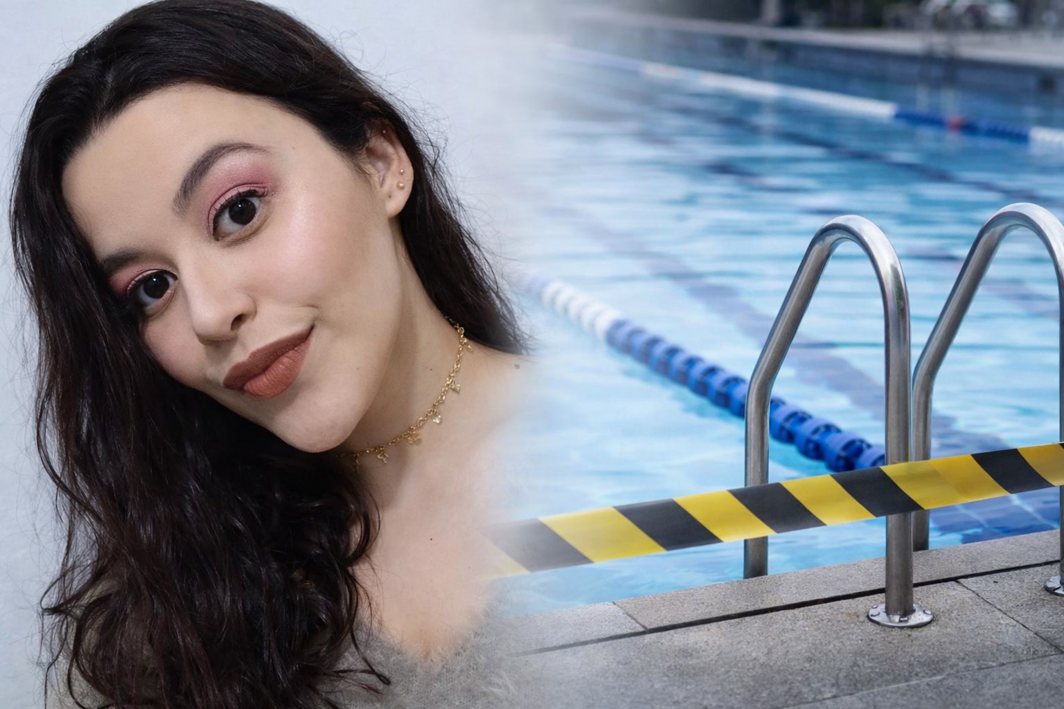 Imagem composta mostra Juliana Faustino Bassetto em foto de reprodução à esquerda e piscina isolada para perícia à direita, em contexto de investigação de óbito.