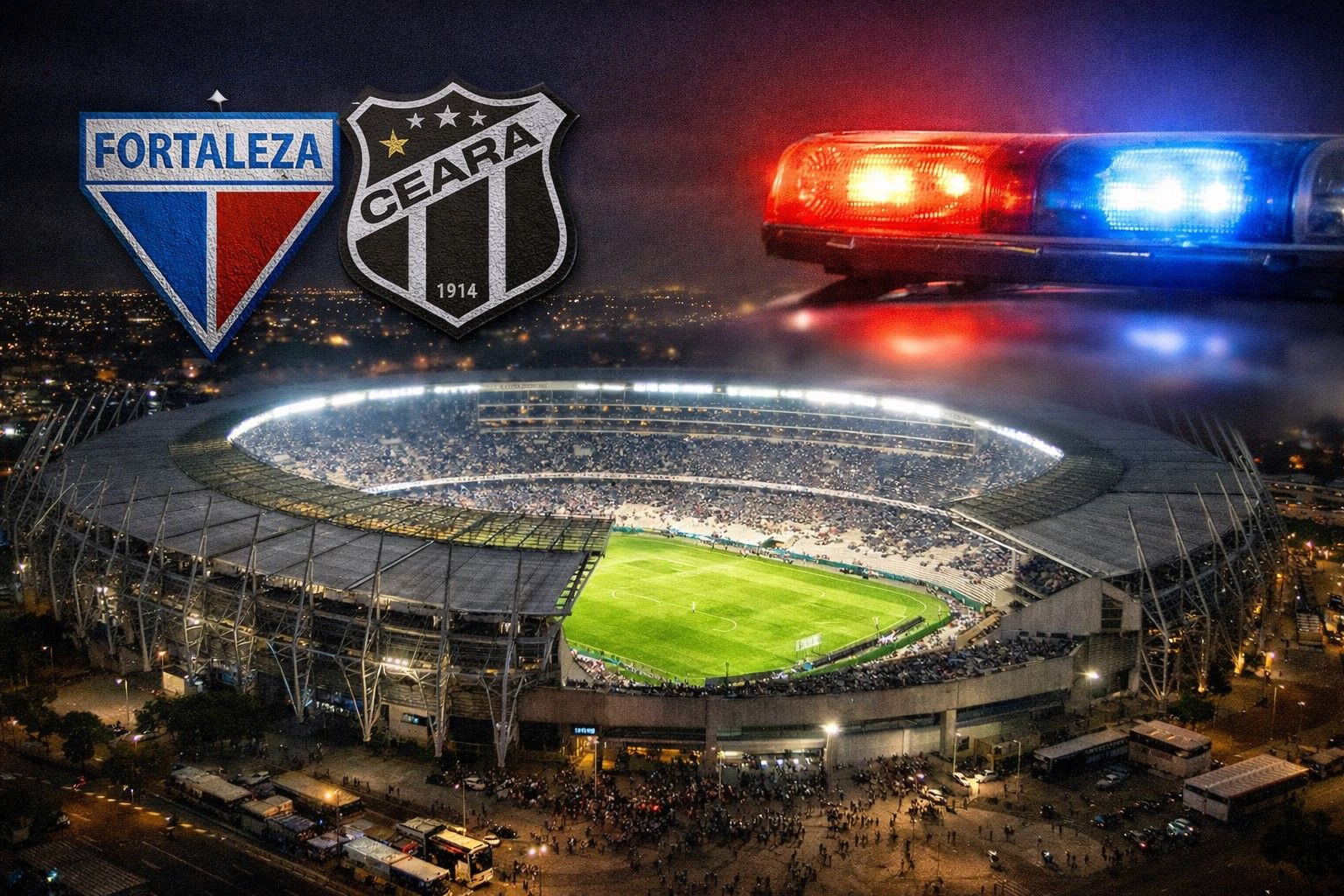 Vista aérea noturna da Arena Castelão, em Fortaleza, com escudos de Ceará e Fortaleza e sirene de viatura policial, em imagem ilustrativa de contexto esportivo e de segurança.