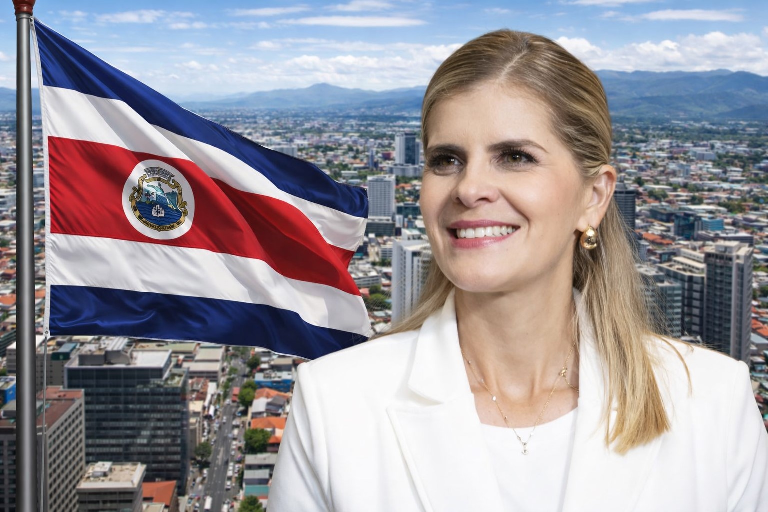Laura Fernández, presidente eleita da Costa Rica, em composição visual com a cidade de San José e a bandeira do país.