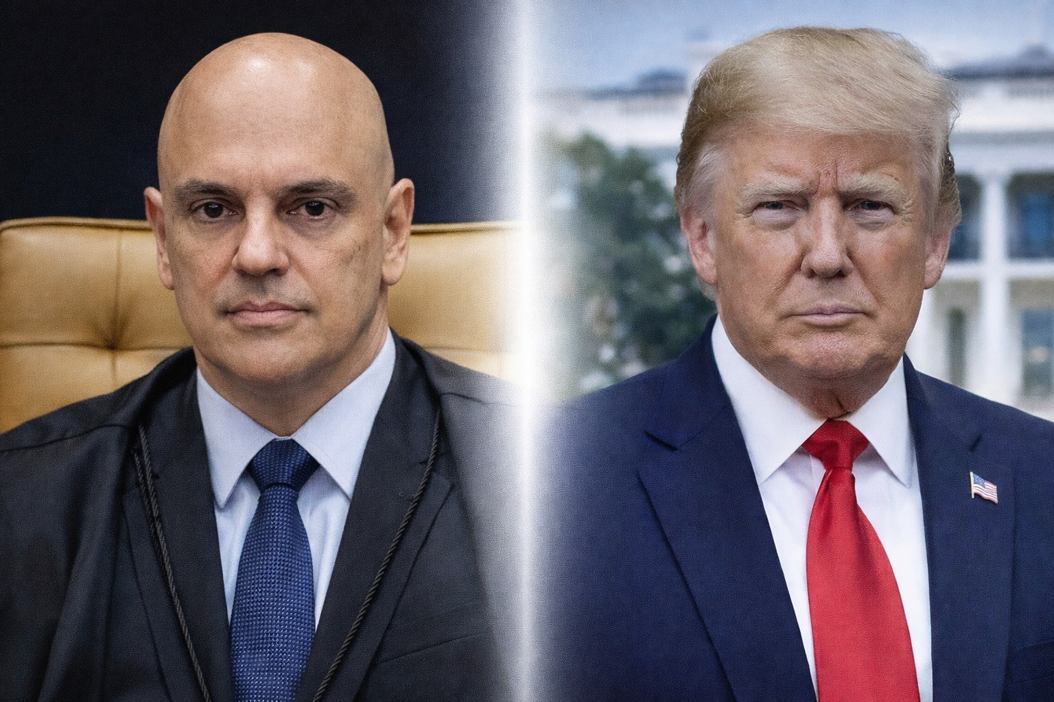 Imagem ilustrativa de Alexandre de Moraes e Donald Trump em composição visual gerada por inteligência artificial sobre contexto de disputa judicial internacional.