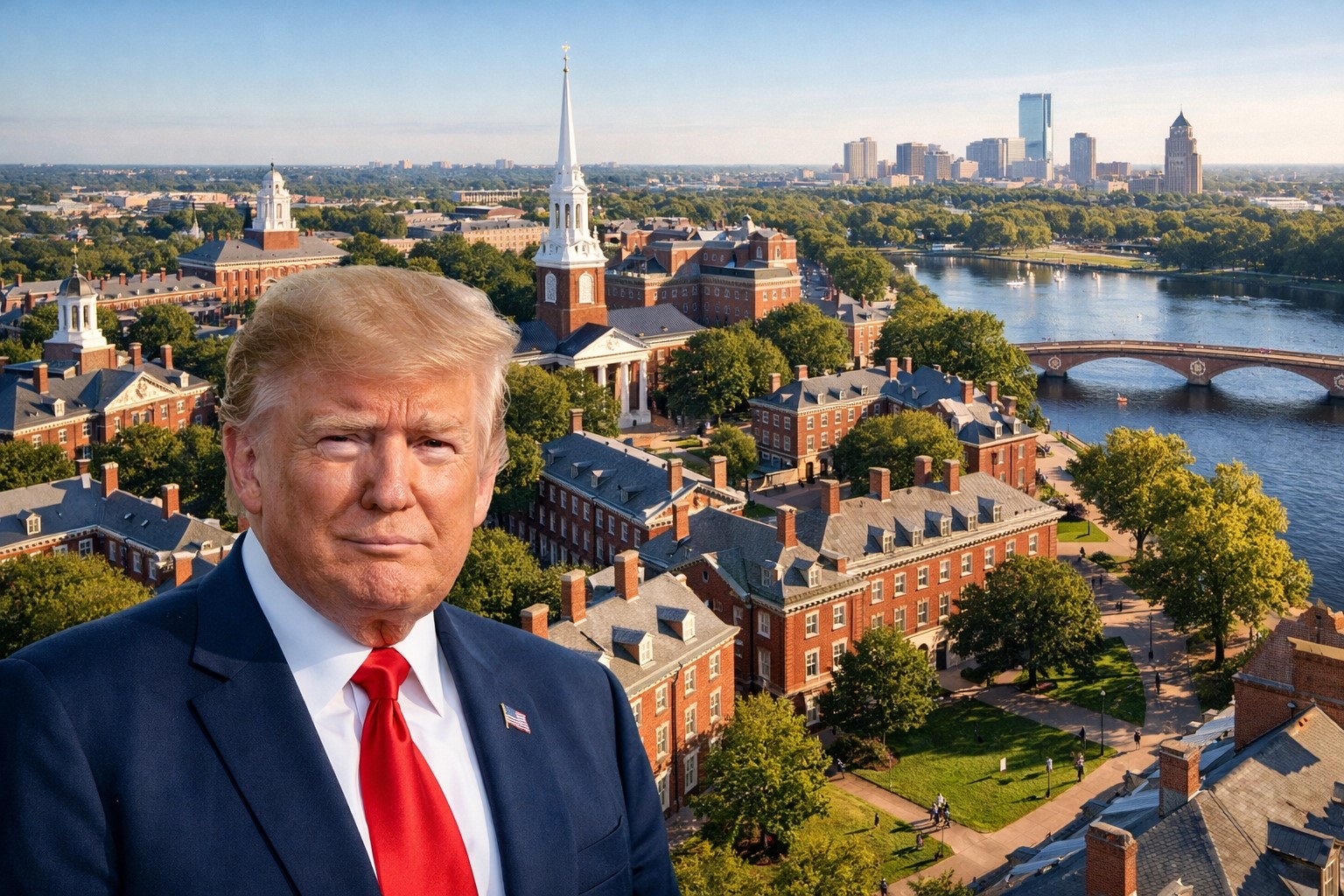 Imagem mostra vista semiaérea do campus da Universidade de Harvard com busto de Donald Trump em primeiro plano, em composição gerada por inteligência artificial.