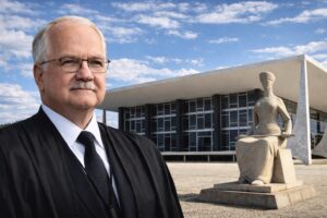 Imagem ilustrativa mostra o ministro Edson Fachin em frente ao prédio do Supremo Tribunal Federal, em Brasília, em contexto institucional.