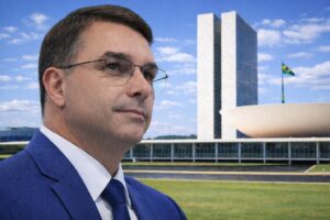 Imagem gerada por IA mostra busto de Flávio Bolsonaro com o Palácio dos Três Poderes ao fundo, em Brasília.