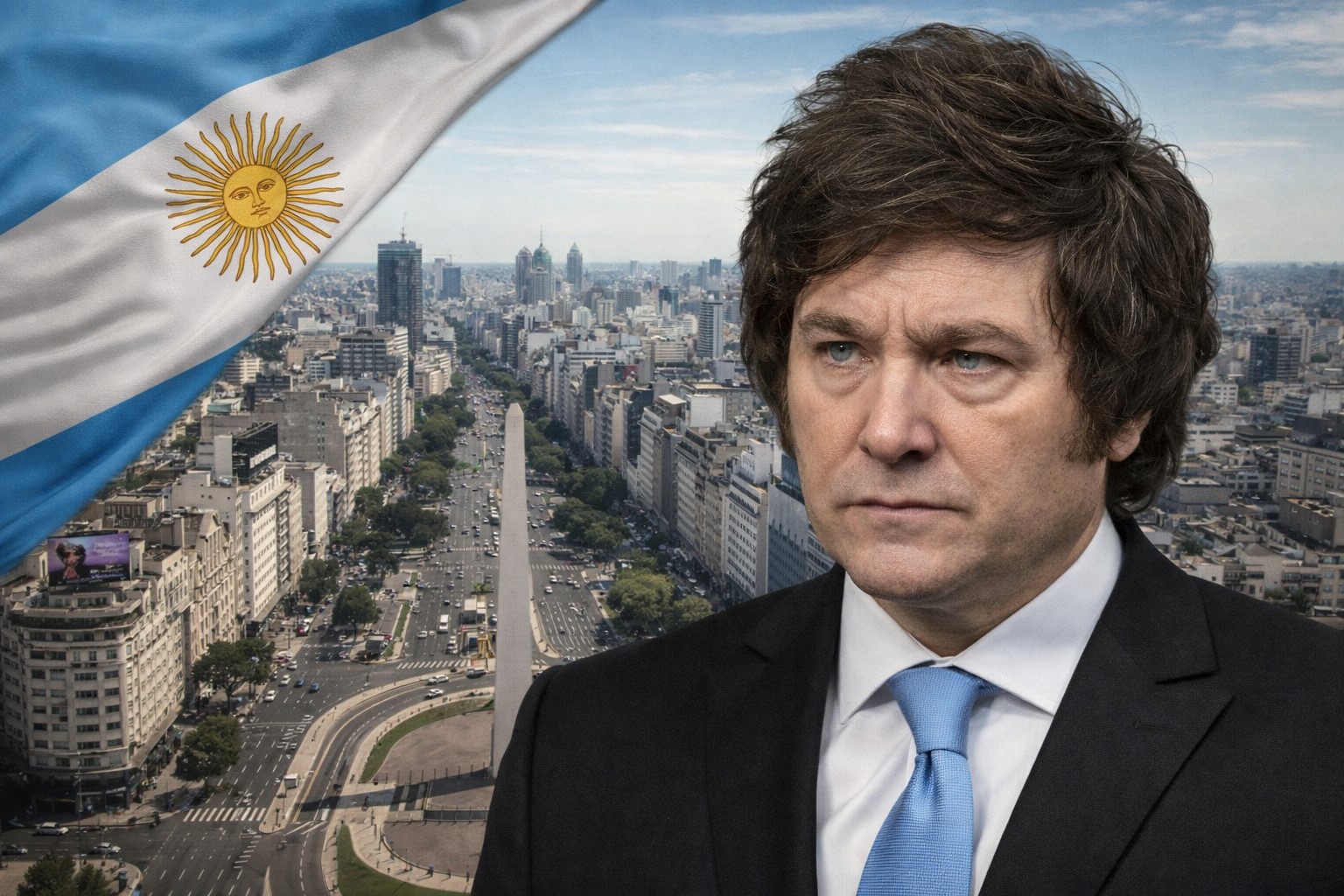 Imagem ilustrativa mostra Javier Milei em destaque, com o centro de Buenos Aires ao fundo e a bandeira da Argentina, em contexto político.