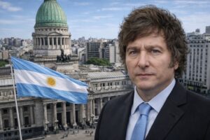 Imagem ilustrativa gerada por IA mostra Javier Milei em primeiro plano, com o Congresso Nacional da Argentina ao fundo em cena diurna.