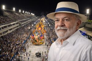 Imagem ilustrativa gerada por inteligência artificial mostra o presidente Lula sobreposto ao Sambódromo do Rio de Janeiro durante desfile noturno, para contextualização jornalística.