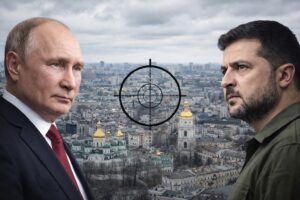 Imagem mostra Vladimir Putin e Volodymyr Zelensky em meio perfil, com vista aérea de Kiev ao fundo e mira simbólica sobre a cidade, em composição gerada por IA.