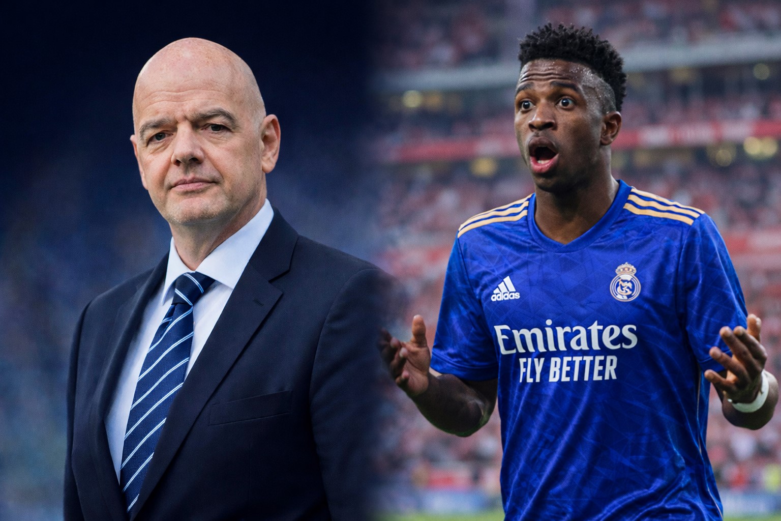 Montagem fotográfica gerada por IA mostra o presidente da FIFA, Gianni Infantino, ao lado do jogador Vinícius Júnior em campo, ilustrando notícia sobre cobrança de providências após suposto caso de racismo.