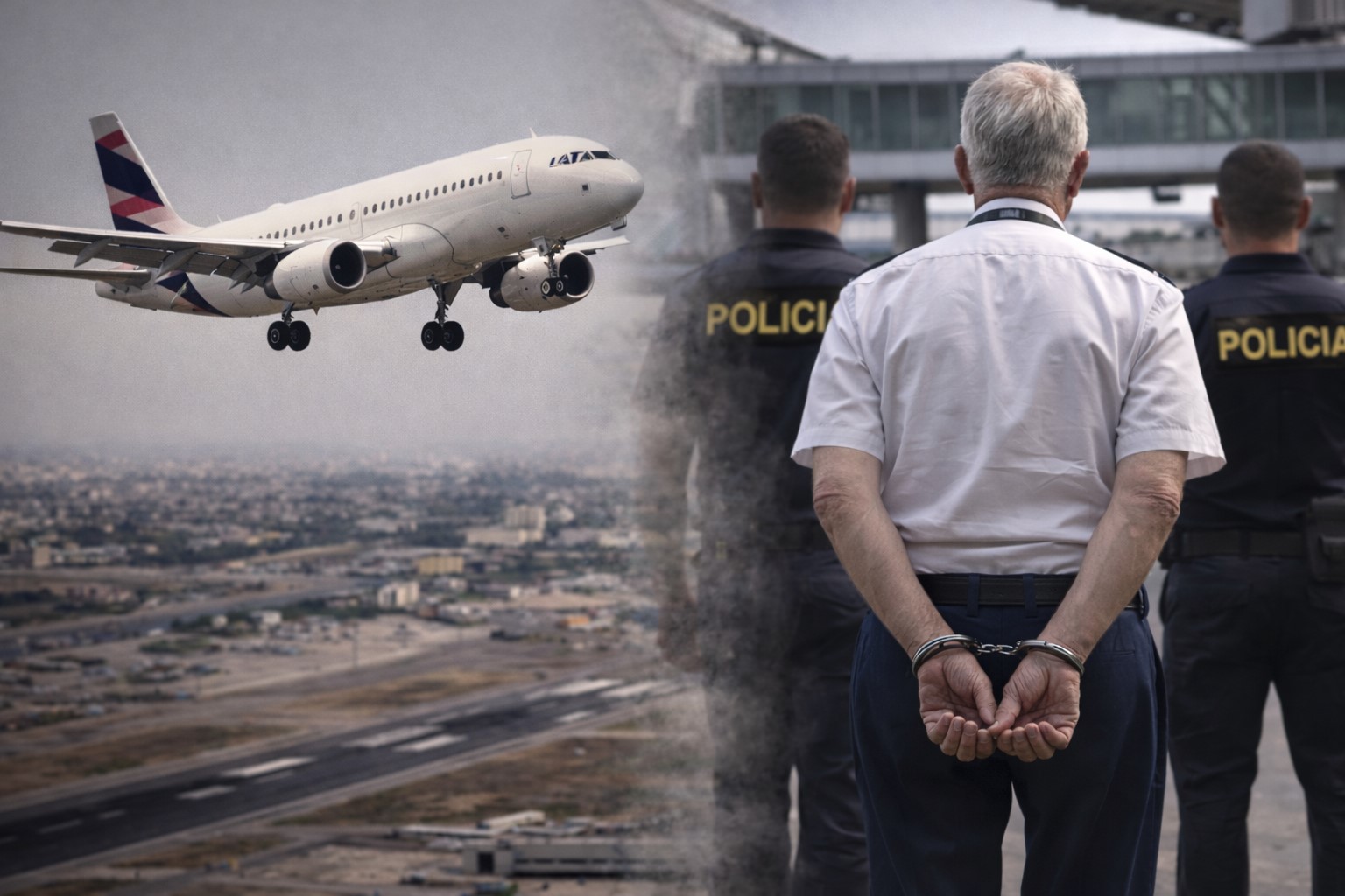 Montagem ilustrativa mostra aeronave em aproximação para pouso e piloto algemado acompanhado por agentes policiais, em contexto informativo sobre prisão em aeroporto.