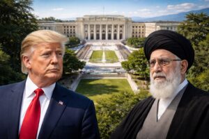 Montagem gerada por inteligência artificial mostra Donald Trump e Ali Khamenei em primeiro plano, tendo ao fundo o Palácio das Nações, sede da ONU em Genebra, em um dia ensolarado.