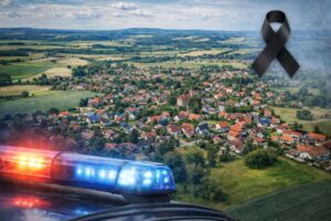 Vista aérea de Strullendorf, na Alemanha, com sirene de polícia e laço de luto sobrepostos de forma editorial.