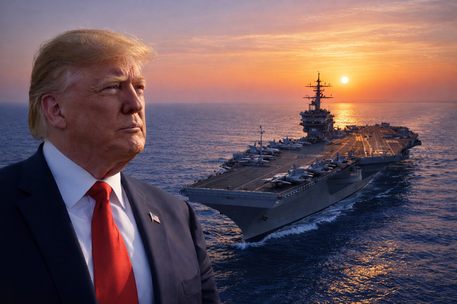 Imagem ilustrativa gerada por inteligência artificial mostra um porta-aviões militar em alto-mar ao entardecer, com busto de Donald Trump sobreposto no canto inferior esquerdo.