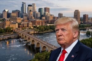 Imagem gerada por IA mostra Donald Trump em primeiro plano, com a cidade de Minneapolis ao fundo, incluindo o rio Mississippi e a Stone Arch Bridge.
