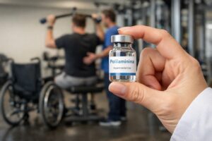 Mão com jaleco branco segurando frasco rotulado como polilaminina em primeiro plano, enquanto paciente realiza exercício de fisioterapia ao fundo, com cadeira de rodas visível em ambiente de academia clínica. Imagem gerada por inteligência artificial para contextualização jornalística.