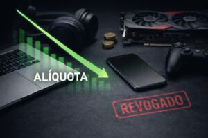 Imagem gerada por IA mostra eletrônicos com gráfico verde de queda e carimbo “REVOGADO”, simbolizando recuo de tarifas.