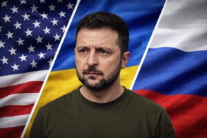 Montagem fotográfica com busto de Volodymyr Zelensky sobreposto a trechos das bandeiras dos Estados Unidos, Ucrânia e Rússia dispostas em diagonal; imagem gerada por inteligência artificial para contextualização informativa.