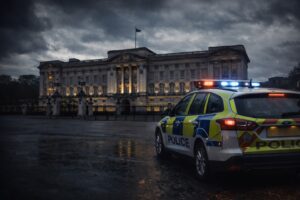 Imagem ilustrativa gerada por IA mostra o Palácio de Buckingham sob céu nublado, com viatura da polícia britânica em primeiro plano, contextualizando investigação envolvendo suspeitas de má conduta.