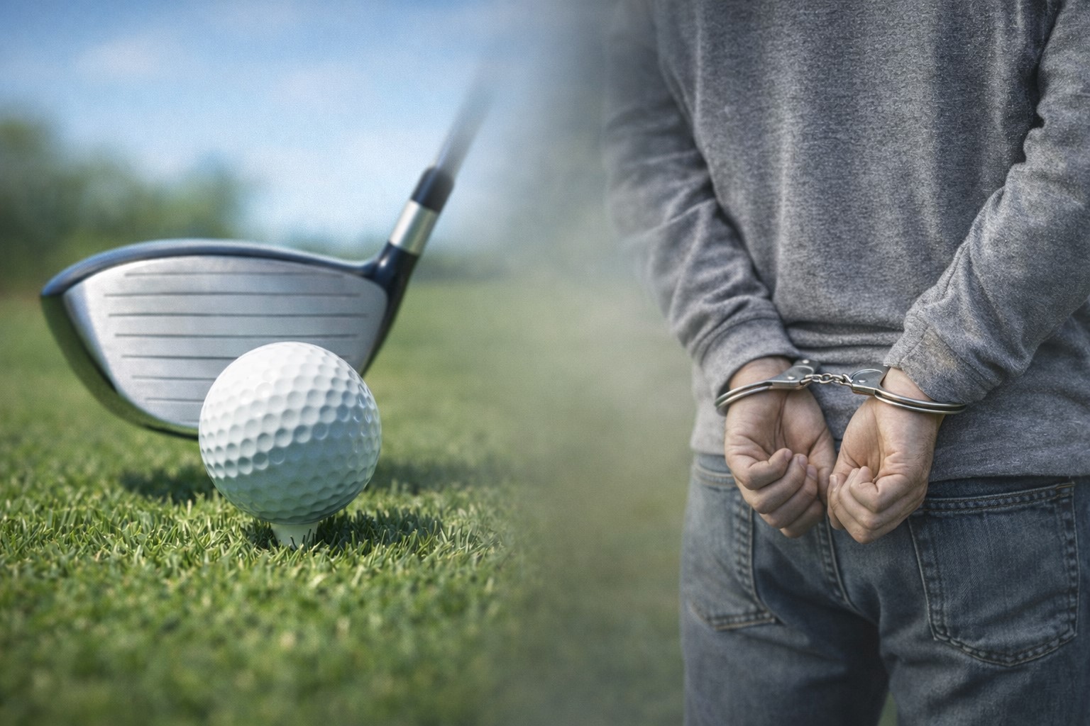 Imagem ilustrativa mostra um taco e uma bola de golfe em campo gramado e, ao lado, um homem algemado de costas, separados por efeito de transição simbólica.