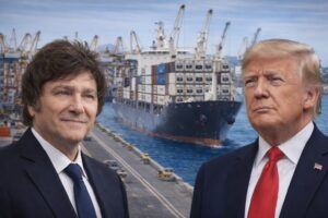 Montagem ilustrativa mostra Javier Milei e Donald Trump com navio de carga no porto de Buenos Aires, em contexto informativo sobre acordo comercial de exportação de carne.