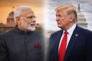 Narendra Modi e Donald Trump em composição visual sobre acordo comercial entre Índia e Estados Unidos.