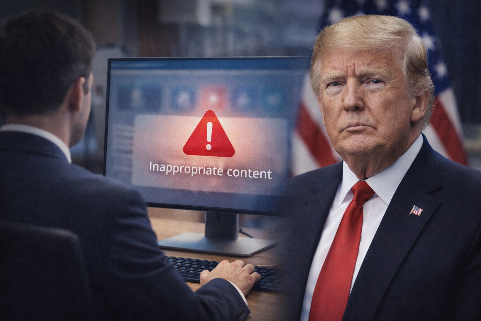 Montagem ilustrativa mostra Donald Trump ao lado de tela digital com aviso de conteúdo impróprio em ambiente de redes sociais.