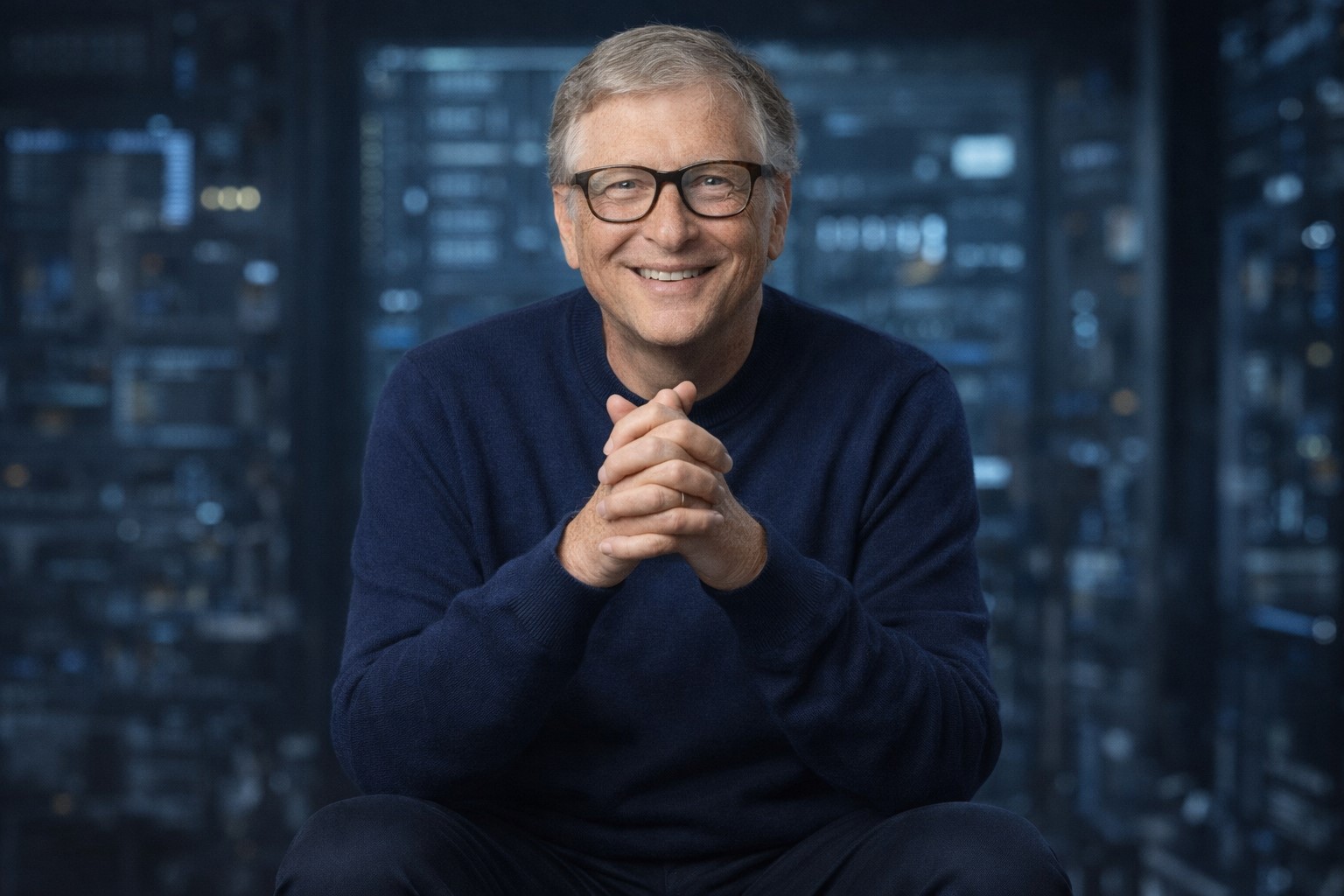 Imagem ilustrativa gerada por IA mostra Bill Gates em ambiente tecnológico, em referência a notícia sobre sua relação com Jeffrey Epstein.