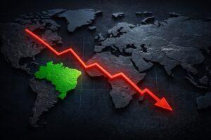Mapa-múndi em relevo com o Brasil destacado e gráfico descendente simbolizando a perda de espaço do país no PIB global em relação a outras economias.