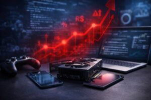 Imagem gerada por IA mostra dispositivos eletrônicos com gráfico de alta em vermelho simbolizando aumento de impostos.