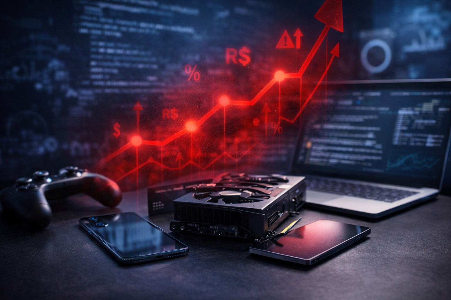 Imagem gerada por IA mostra dispositivos eletrônicos com gráfico de alta em vermelho simbolizando aumento de impostos.