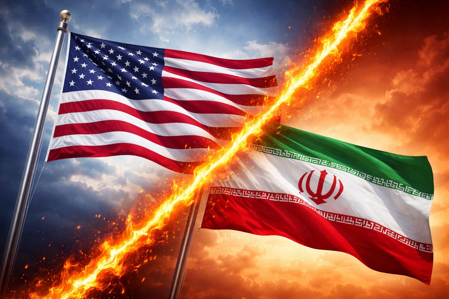 Imagem ilustrativa gerada por inteligência artificial mostra bandeiras dos Estados Unidos e do Irã separadas por traço flamejante, simbolizando tensão diplomática em negociações internacionais.