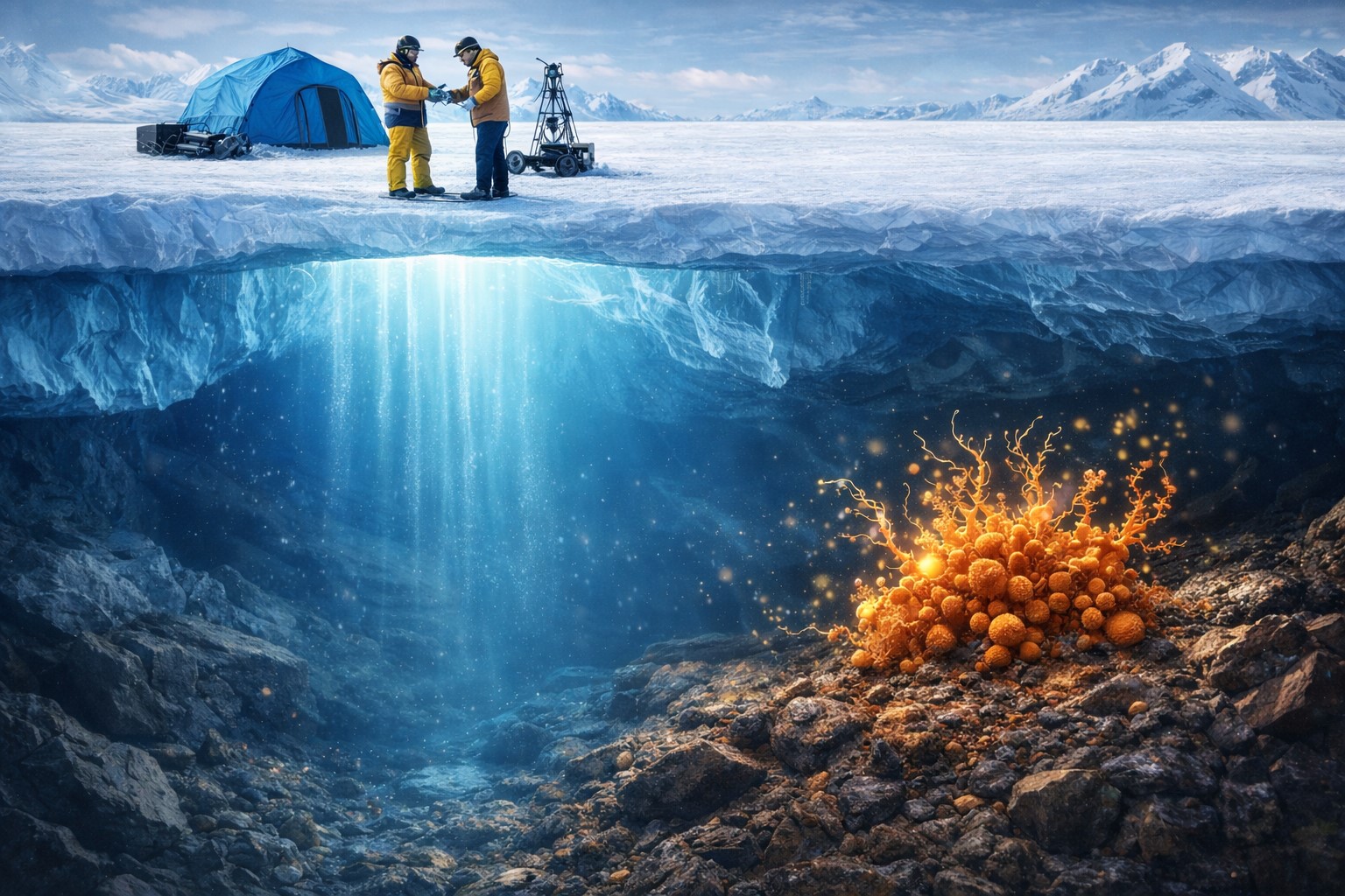 Ilustração mostra pesquisadores na região Antártica e, abaixo do gelo, fungo identificado no fundo do oceano em ambiente marinho profundo.