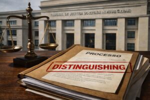 Imagem ilustrativa de balança da justiça e processo com carimbo “Distinguishing” em frente ao Tribunal de Justiça de Minas Gerais, gerada por inteligência artificial para contextualização jornalística.
