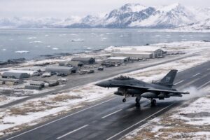 Imagem gerada por IA de base aérea na Groenlândia com caça semelhante a um F-16 pousando em pista parcialmente nevada, em cenário ártico com mar e montanhas ao fundo, usada para fins informativos.