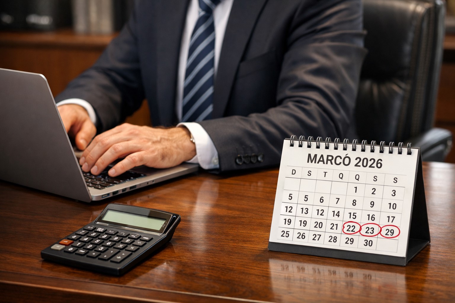 Imagem ilustrativa gerada por IA mostra mesa de escritório com laptop, calculadora e calendário, simbolizando o início do prazo para declaração do Imposto de Renda.