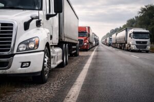 Caminhões parados em acostamento de rodovia, em imagem ultrarrealista gerada por inteligência artificial para contextualização informativa.