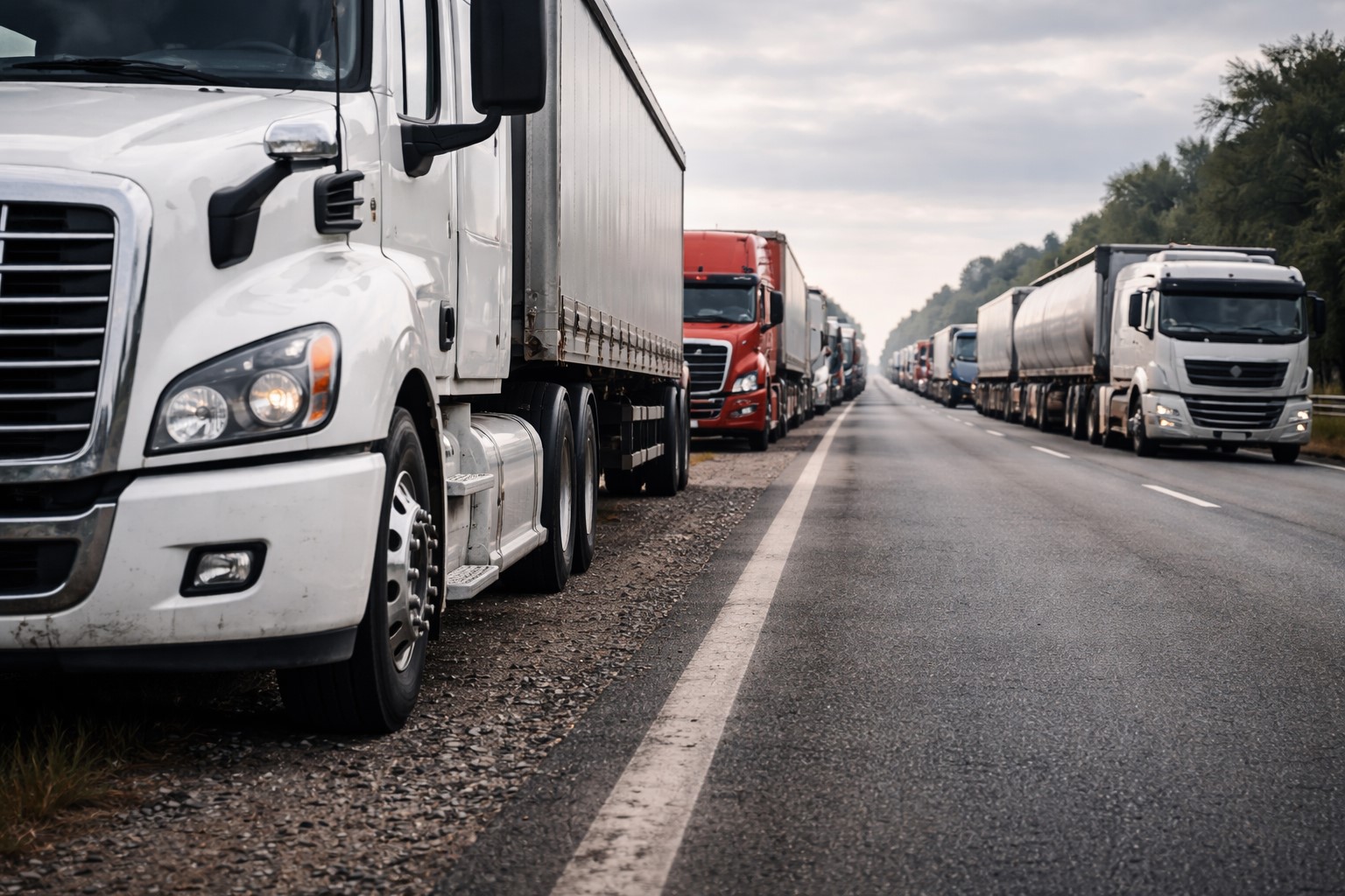 Caminhões parados em acostamento de rodovia, em imagem ultrarrealista gerada por inteligência artificial para contextualização informativa.