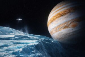 Imagem fotográfica ultra-realista inspirada em registros da NASA mostra uma superfície de gelo irregular em primeiro plano, representando o oceano congelado da lua Europa, com um grande planeta visível ao fundo no espaço.