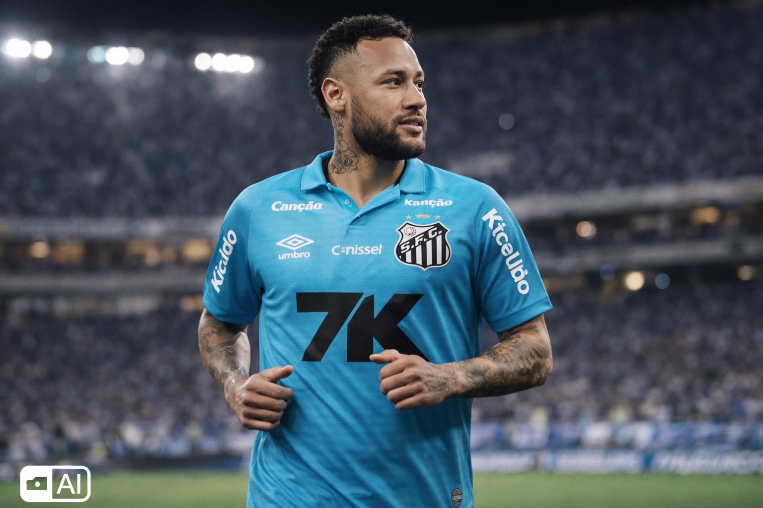 Imagem gerada por inteligência artificial mostra Neymar correndo em um estádio de futebol à noite, vestindo uniforme azul do Santos. Ilustração usada para contextualização jornalística.