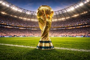 Imagem gerada por IA da taça da Copa do Mundo em campo de futebol dentro de estádio moderno.