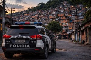Viatura da Polícia Civil estacionada em rua com vista para o Complexo do Chapadão, na Zona Norte do Rio de Janeiro, em imagem ilustrativa gerada por inteligência artificial.
