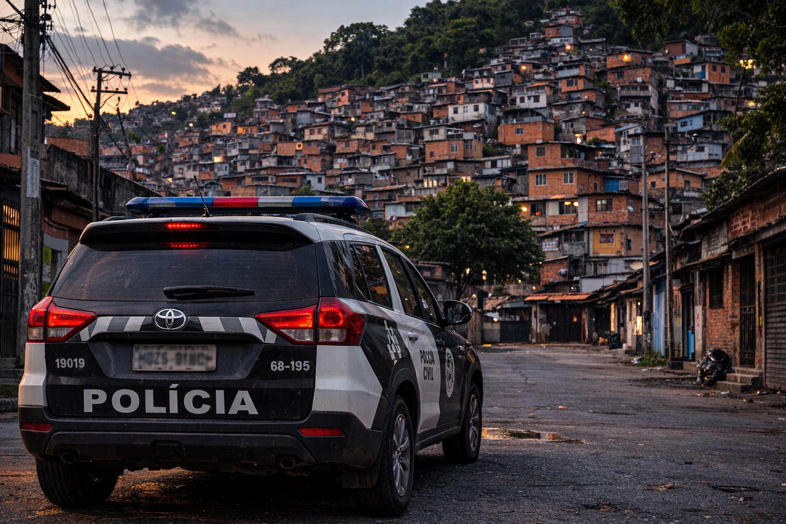 Viatura da Polícia Civil estacionada em rua com vista para o Complexo do Chapadão, na Zona Norte do Rio de Janeiro, em imagem ilustrativa gerada por inteligência artificial.